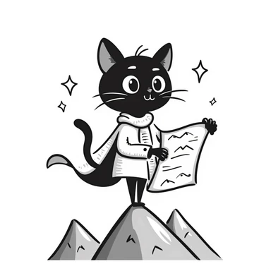 Adventurous cat explorer holding a map, standing on mountain ridge with stars in background, light clothing and cape blowing in wind, looking into the distance sticker