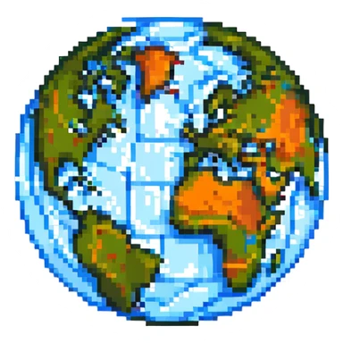 3D pixel art globe icon, isometric view, detailed shading sticker