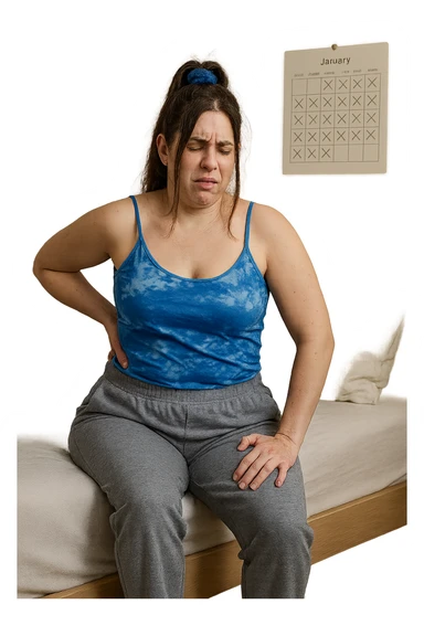 a woman in her 30s sits on the edge of her bed in the morning, holding her lower back with a pained expression. Subtle visual cues, like uneven shoulders or hips, hint at postural asymmetry. The room is softly lit, and a calendar on the wall shows months crossed off, symbolizing chronic pain over the years. sticker