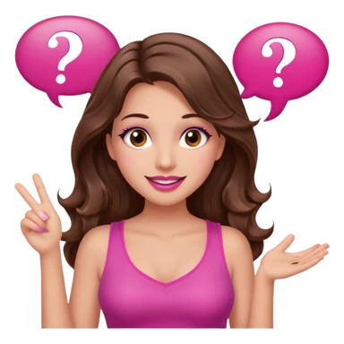 girl with long wavy brown hair, brown eyes, long lashes makeup, sexy pink lips, light to medium complexion, wearing a pink sexy top, shugging, smiling, question mark one speech bubble sticker