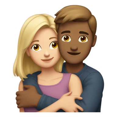 A girl with brown medium hair hugs a guy with short hair and blonde sticker