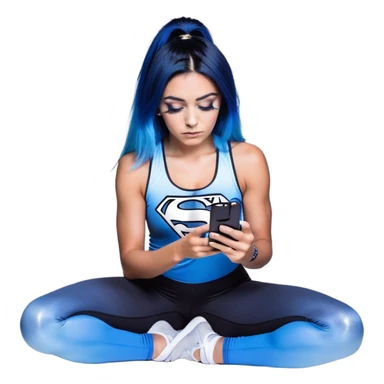 Shameful-big tears-head back texting on phone-very very large upper body-sexy face-bending forward at waist-very long very straight dark blue to light blue ombre hair-and-blue eyes-thick black eyeliner-thick long eyelashes-iridescent blue lowcut tanktop with black leggings with glitter superman logo sticker