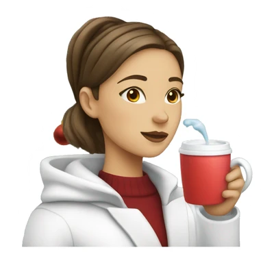 Girl with a white Coat that is drinking hotchocolate next to a Christmas Tree sticker