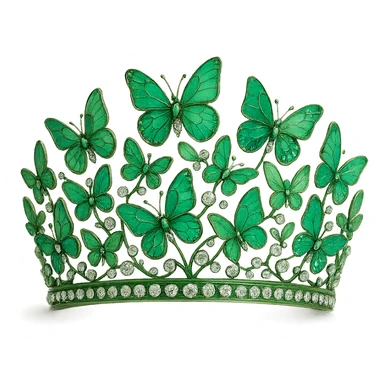 butterfly crown with a green base, butterflies in various green enamel shades, sparkling gems sticker