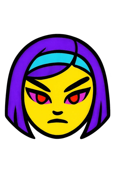 fierce K-pop warrior girl emoji face with sleek violet hair in a sharp bob, glowing red almond-shaped eyes, bold eyeliner, calm but intense expression, modern pop-art style sticker