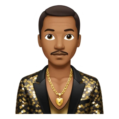 Eddie Murphy with dark brown hair, black sequin jacket, shirtless with necklace sticker