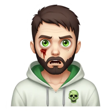 zombie with shocked expression, undercut hairstyle with dark brown hair, short full beard, heterochromia with one green eye and one brown eye, wearing plain white hoodie sticker