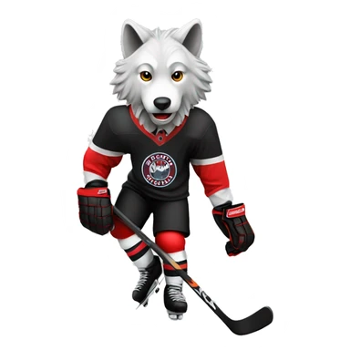 The wolf plays hockey in a black white and red uniform sticker