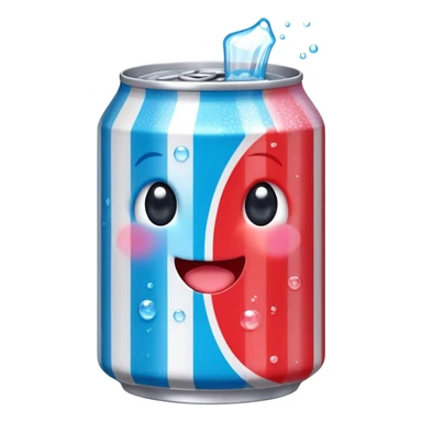 Cute Kawaii Soda Can, bubbly and vibrant, bright red and blue stripes, playful fizz popping around, a chubby happy face with wide sparkling eyes, energetic and refreshing! sticker