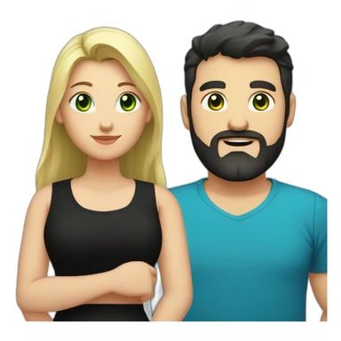 A blond chubby girl with blue eyes and black haired and bearded man with green eyes. The man wears a black t-shirt. The woman is wearing a black skirt and a blue shirt sticker