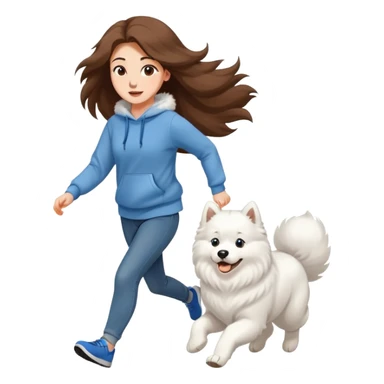 A beautiful girl with long hair wearing a sweatshirt and jeans is running with a Samoyed sticker