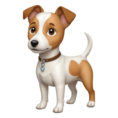 a full body white jack russel looking dog the size of a kelpie with light brown ears and a light brown patch on one eye and a large snout sticker