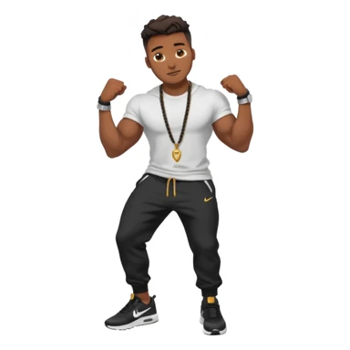 Handsome Black guy with brown skin tone, with muscular build, wearing black sweatpants, a white t-shirt, black Nike air max, a small rope chain, and a watch  sticker