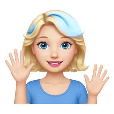 Girl Blonde short wavy hair,  blue eyes, cute blue top, long lashes, pink lips, smiling, waving hello  sticker