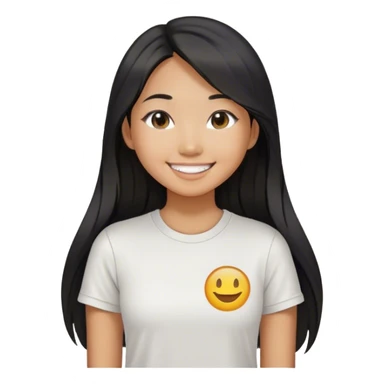 an asian girl smiling with straight black and long hair, slight waves, tshirt sticker