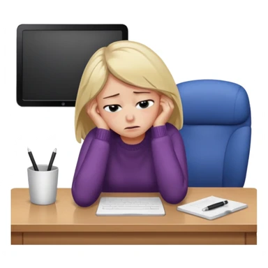 A woman wearing a jumper experiencing burnout, exhausted and overwhelmed, tired eyes, slumped posture, sitting at a desk, iOS emoji style sticker