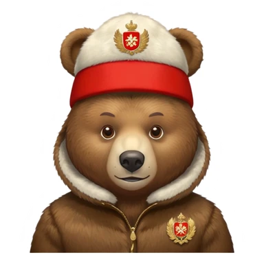 Russian brown bear wearing a red ushanka hat with Russian coat of arms emblem, front view, iOS emoji style sticker