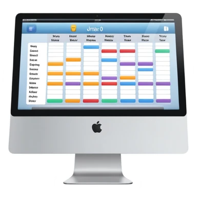 front-facing iMac showing a day schedule with vertical hours and horizontal client slots, several slots filled with color to indicate bookings sticker
