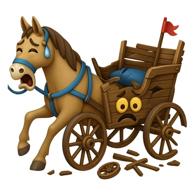 Make the horse cart look broken and add funny, exaggerated emoji expressions to the horse and cart. Keep the style consistent. The style is emoji style. Keep the background transparent. sticker