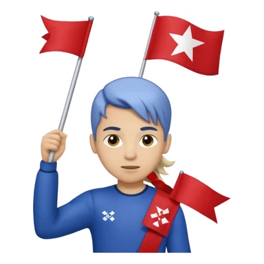 A pony tail hair boy holding a big team flag, waving it proudly with a determined expression. sticker