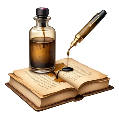 Create a vibrant emoji representing prose writing with an old-style, antique look. The design should include semi-turned pages of an old book with unfinished prose written on them. Add a vintage ink bottle (inkwell) and a classic fountain pen or quill with black or dark blue ink flowing onto the pages. Use warm, earthy tones like deep browns, golds, and creams for the book and ink bottle, with subtle ink splatters for an artistic touch. The overall style should evoke a sense of timeless storytelling and literary craftsmanship. Make the background transparent. sticker