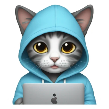 Cat wearing baby blue hoodie and a black MacBook sticker