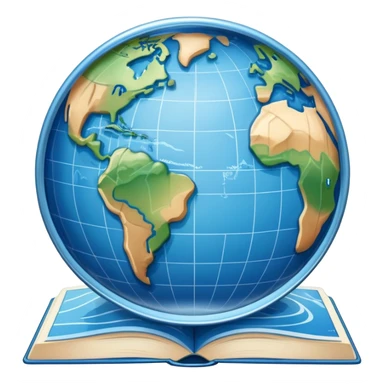 an icon featuring an earth with attitude and longitude lines, a textbook, and a topographic map, symbolizing geography as a science. The design includes a compass, mountain ranges, and rivers, representing the study of Earth's features and landscapes. Transparent background highlights geography. sticker
