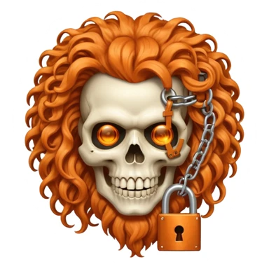 cinematic realistic steampunk Megadeth iconic skull mascot with a padlock in his teeth, orange curly huge hair sticker