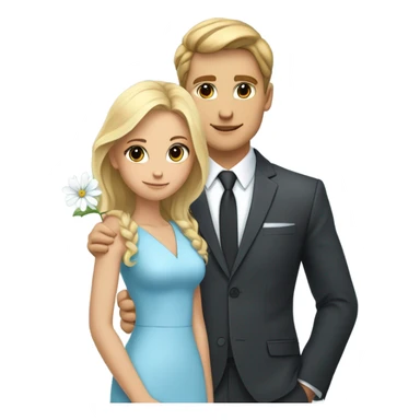 pretty blonde girl in light  blue dress with big breasts with a very cute brown haired boy in a black suit with a matching light blue tie with his arm around her and a white flower in his jacket pocket sticker