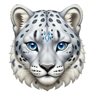 Cinematic-Noble-Snow-Leopard-Portrait-Emoji – Poised and majestic, with a muscular, agile build and a beautifully patterned coat of soft white and grey fur, marked with striking rosettes, deep-set, intelligent icy blue eyes, simplified yet sharp and sophisticated. zoomed out  sticker