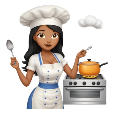 cooking stove with pot, black long hair tanned woman, bra, stockings, chef hat sticker
