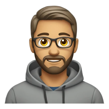 A project manager in a gray hoodie and with a short beard in front of an apple laptop sticker