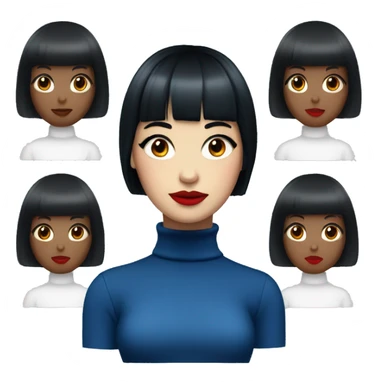 Girl with medium black blue hair and bangs, red lips, wearing a white turtleneck sticker