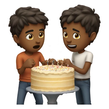 Two boys fighting over cake sticker