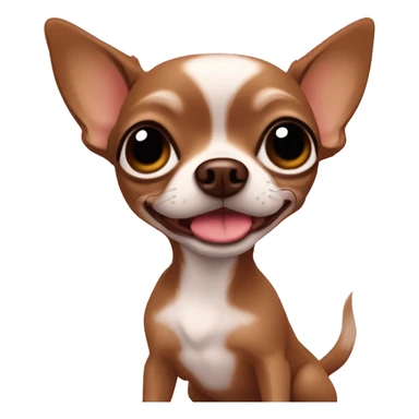 A little brown chocolate chihuahua in front of a laptot sticker