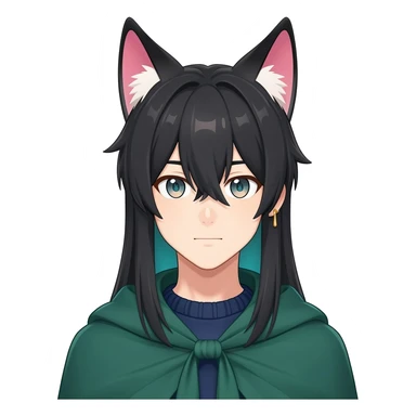 Tighnari from Genshin Impact; anime man with long-straight-dark-black hair, long black fox ears with pink Scapha, colorful-gradient-turquoise-brownish eyes, gold earring, dark-blue-sweater, green cape, white pupils sticker