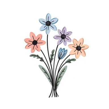 Simple bouquet of spring flowers with different blooms including small daffodils and daisies. Hand-drawn doodle style using pastel colors (pink, light blue, lavender, peach). Cheerful floral arrangement with leaves and stems. Delicate spring bloom design. sticker