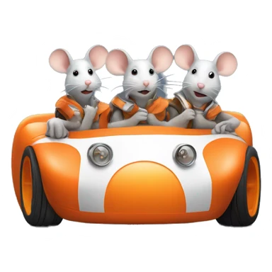 Three mice sitting in a carrot race car with helmut sticker