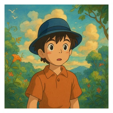 boy in a blue fedora, looking curious, whimsical background, Ghibli style sticker