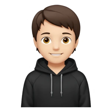 A brunette boy, short straight hair, light brown eyes, with a black sweatshirt with a hoodie, and smile  sticker