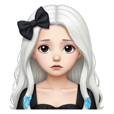 white long hair girl with black bow on her hair wearing black gown with a sad face sticker