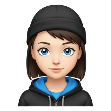 brunette short hair buzzed on the sides and wearing a black beanie that a side bang can be seen under. this girl needs blue eyes and a black hoodie. i want her to be smirking sticker