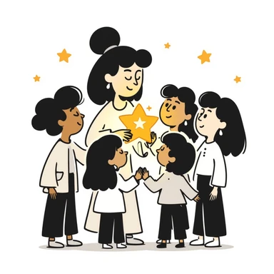 hand-drawn warm illustration of a kind teacher holding a glowing star, with students gathered around, feeling safe and inspired sticker