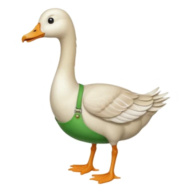"Emoji of a white running goose with a very very long neck and two legs. The goose wears bright green dungarees." sticker