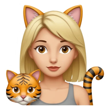 Une femme avec les cheveux dégradée, brun et blond, qui fait un câlin à son chat gris, tigré avec les extrémités que pattes et pointe d’oreilles noires et le dessous du menton blanc sticker