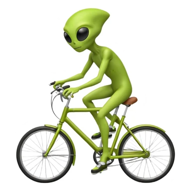 green alien riding a bicycle, big black eyes, thin body, casual cycling pose, playful sci-fi vibe, 3D cartoon, mobile game icon style, clean background, no text, no watermark
 sticker
