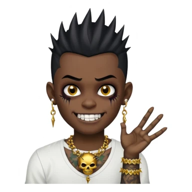 zombie boy with spiky emo black hair and white shirt , tattos, a risk on the eyebrow, earings,  a necklace emoji, with gold grills in his mouth and he’s smiling, change skin color to darkskin sticker