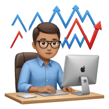 A person sitting at a desk working and looking at a computer with upward arrows and percentage signs, suggesting digital sales, marketing, or outreach. sticker