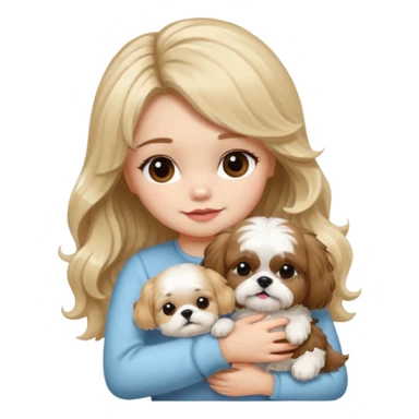 a girl with long, wavy brunette hair hugging a Shih Tzu with blonde fur and a cute bow sticker
