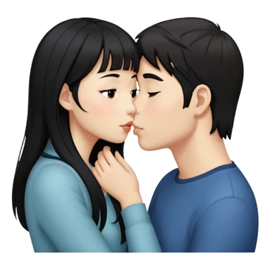 Asian girl with long black hair and side swept bangs, kissing a white guy with dark brown hair that’s short sticker